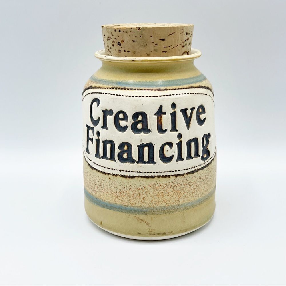 Brophy Jars Creative Financing vintage ceramic jar cork top